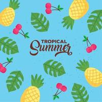 banner de verano tropical con fondo de hojas y frutas vector