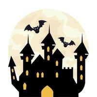 halloween, castillo embrujado con murciélagos volando en fondo blanco vector