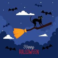 banner de feliz halloween con gato en escoba de bruja volando vector