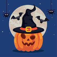 banner de feliz halloween y calabaza con sombrero de bruja, murciélagos volando y arañas vector