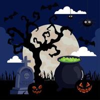 happy halloween banner with cauldron in cemetery scene vector