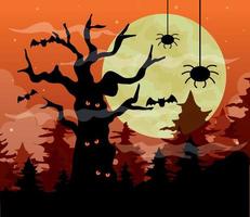 banner de feliz halloween con árbol embrujado y arañas en la noche oscura vector