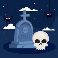 happy halloween banner with tombstone, skull and spiders vector