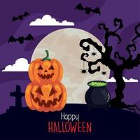 happy halloween banner with cauldron, pumpkins in dark night vector