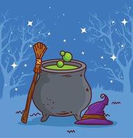 happy halloween banner with cauldron, hat and broom witch vector