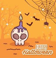 banner de feliz halloween y calavera con vela vector