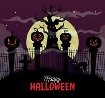 banner de feliz halloween con árbol embrujado y calabazas en la noche oscura vector