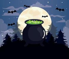 happy halloween banner with cauldron and bats flying in dark night vector