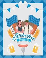 oktoberfest man and woman cartoons with traditional cloth and flags vector design