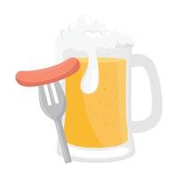 salchicha de oktoberfest en tenedor y diseño de vector de vaso de cerveza