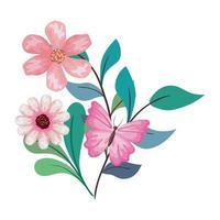 pink butterfly on flowers with leaves vector design