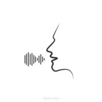 Talking human side profile. Sound waves. Voice recognition, singing, Voice control, noise concept. Isolated vector illustration.