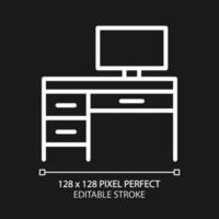 Writing table pixel perfect white linear icon for dark theme. Home office. Desk with computer. Modern furniture store. Thin line illustration. Isolated symbol for night mode. Editable stroke vector