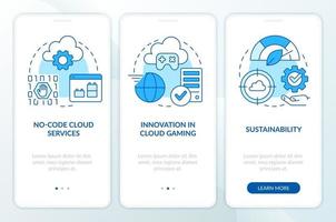 Cloud computing technologies blue onboarding mobile app screen. Walkthrough 3 steps editable graphic instructions with linear concepts. UI, UX, GUI template. Myriad Pro-Bold, Regular fonts used vector