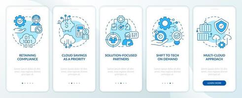 Cloud computing trends benefits blue onboarding mobile app screen. Walkthrough 5 steps editable graphic instructions with linear concepts. UI, UX, GUI template. Myriad Pro-Bold, Regular fonts used vector