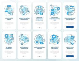 Innovaciones de computación en la nube conjunto de pantalla de aplicación móvil de incorporación azul. tutorial 5 pasos instrucciones gráficas editables con conceptos lineales. interfaz de usuario, ux, plantilla de interfaz gráfica de usuario. innumerables fuentes pro-negrita y regulares utilizadas vector