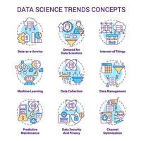 Data science trends concept icons set. Technology development analytics idea thin line color illustrations. Isolated symbols. Editable stroke. Roboto-Medium, Myriad Pro-Bold fonts used vector