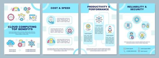 Cloud computing top benefits turquoise brochure template. Leaflet design with linear icons. Editable 4 vector layouts for presentation, annual reports. Arial-Black, Myriad Pro-Regular fonts used