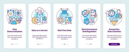 Tendencias de la ciencia de datos incorporando la pantalla de la aplicación móvil. tutorial de desarrollo 5 pasos instrucciones gráficas editables con conceptos lineales. interfaz de usuario, ux, plantilla de interfaz gráfica de usuario. innumerables fuentes pro-negrita y regulares utilizadas vector