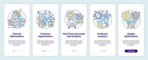 Data science in marketing onboarding mobile app screen. Business walkthrough 5 steps editable graphic instructions with linear concepts. UI, UX, GUI template. Myriad Pro-Bold, Regular fonts used vector