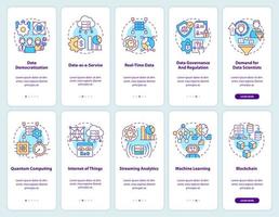 Conjunto de pantallas de aplicaciones móviles de integración de tecnología y tendencias de ciencia de datos. tutorial 5 pasos instrucciones gráficas editables con conceptos lineales. interfaz de usuario, ux, plantilla de interfaz gráfica de usuario. innumerables fuentes pro-negrita y regulares utilizadas vector