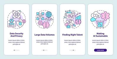 Data science challenges onboarding mobile app screen. Development walkthrough 4 steps editable graphic instructions with linear concepts. UI, UX, GUI template. Myriad Pro-Bold, Regular fonts used vector