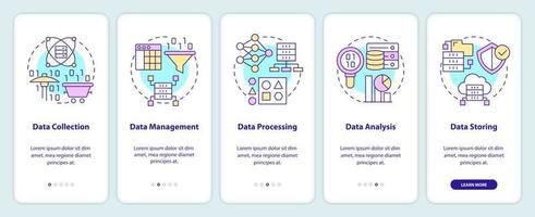 Data processing stages onboarding mobile app screen. Technology walkthrough 5 steps editable graphic instructions with linear concepts. UI, UX, GUI template. Myriad Pro-Bold, Regular fonts used vector