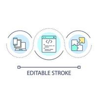 icono de concepto de bucle de portabilidad de código fuente. Ilustración de línea delgada de idea abstracta de informática. escribir código en varios dispositivos. dibujo de contorno aislado. trazo editable. fuente arial utilizada vector