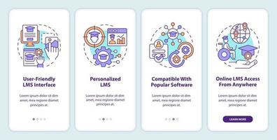 Learning management system features onboarding mobile app screen. Walkthrough 4 steps editable graphic instructions with linear concepts. UI, UX, GUI template. Myriad Pro-Bold, Regular fonts used vector