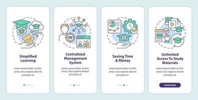 Learning management system benefits onboarding mobile app screen. Walkthrough 4 steps editable graphic instructions with linear concepts. UI, UX, GUI template. Myriad Pro-Bold, Regular fonts used vector