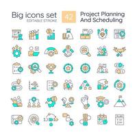 conjunto de iconos de color rgb de planificación y programación de proyectos. desarrollo de negocios. construcción de estrategia. ilustraciones vectoriales aisladas. colección de dibujos de líneas llenas simples. trazo editable vector