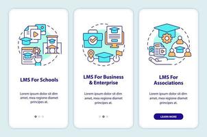 Learning management system deploy onboarding mobile app screen. Walkthrough 3 steps editable graphic instructions with linear concepts. UI, UX, GUI template. Myriad Pro-Bold, Regular fonts used vector