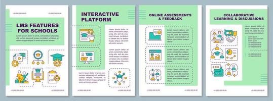 LMS features for school turquoise brochure template. Leaflet design with linear icons. Editable 4 vector layouts for presentation, annual reports. Arial-Black, Myriad Pro-Regular fonts used