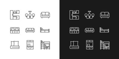 iconos lineales perfectos de píxeles de la tienda de muebles contemporáneos modernos establecidos para el modo oscuro y claro. dormitorio y salón. símbolos de línea delgada para el tema de la noche y el día. ilustraciones aisladas. trazo editable vector