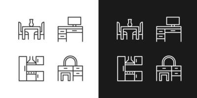 Purchasing furniture pixel perfect linear icons set for dark, light mode. Furnishing for kitchen and bedroom. Thin line symbols for night, day theme. Isolated illustrations. Editable stroke vector