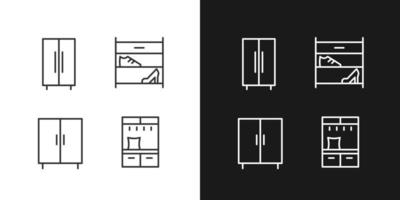 Furniture for clothes and shoes storage pixel perfect linear icons set for dark, light mode. Storage cabinet. Shoe rack. Thin line symbols for night, day theme. Isolated illustrations. Editable stroke vector