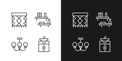 Home decor and furniture pixel perfect linear icons set for dark, light mode. Ceiling light. Floating shelf. Rug pad. Thin line symbols for night, day theme. Isolated illustrations. Editable stroke vector