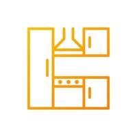 Kitchen set pixel perfect gradient linear vector icon. Countertops and appliances. Refrigerator, stove. Furniture store. Thin line color symbol. Modern style pictogram. Vector isolated outline drawing