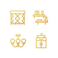 Home decor and furniture pixel perfect gradient linear vector icons set. Ceiling light. Floating shelf. Rug pad. Thin line contour symbol designs bundle. Isolated outline illustrations collection