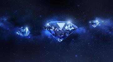 diamantes brillantes flotando en la vista del planeta desde el espacio. renderizado 3d foto