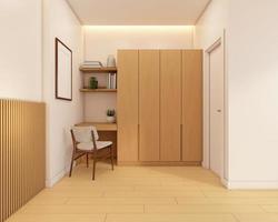 Japanese minimalist bed room decorated with wood wardrobe and wood floor. 3d rendering photo