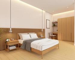dormitorio minimalista japonés decorado con mesa auxiliar y lámpara colgante, pared de listones de madera y suelo de madera. representación 3d
