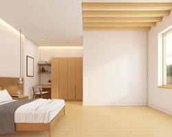 dormitorio minimalista japonés con espacio vacío y suelo de madera. representación 3d foto