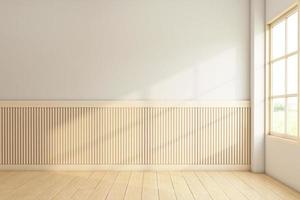 Minimalist empty room decorated with wood floor and wood slat wall, frame wood window. 3d rendering photo