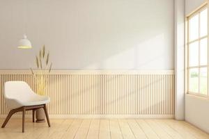 habitación vacía minimalista decorada con ventanas con marcos de madera y paredes con listones de madera. butaca y suelo de madera. representación 3d