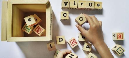 Word corona virus in wooden cubes concept photo