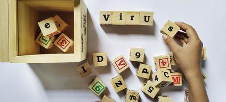 Word corona virus in wooden cubes concept, isolated on white background. photo