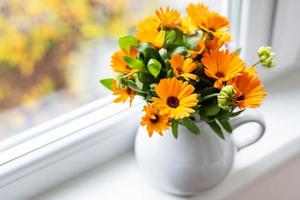 A bouquet of bright calendula in a milk vase stands on the windowsill, bright autumn with a window. photo