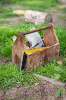 A very old wooden toolbox. Renovation and construction process. photo