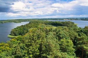 view of Krakow am See. Lakes landscape with dense forests on the shore. Vacation photo